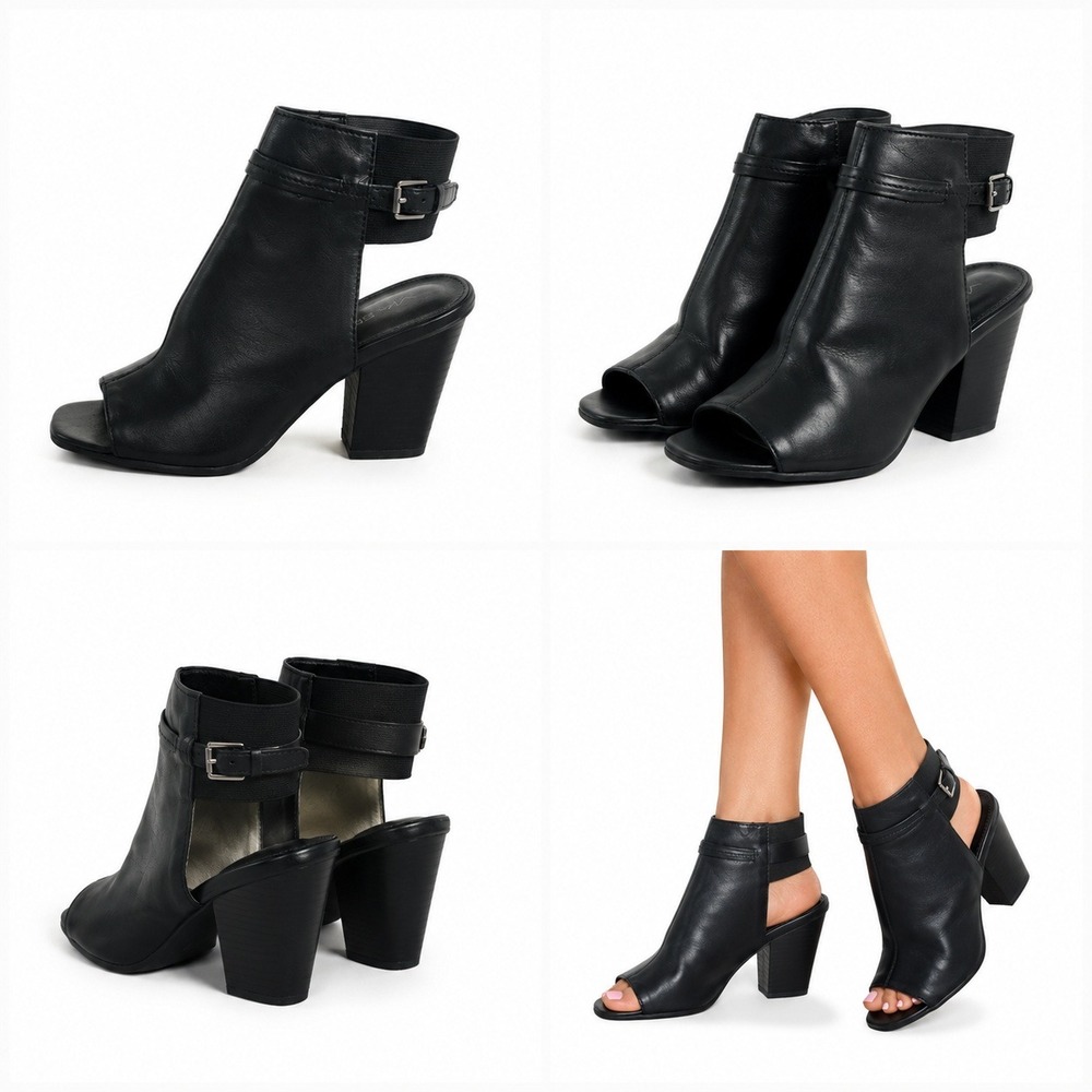 Via Spiga Booties Womens 7.5 Black Leather Peep Toe Block Heel Ankle Strap Shoes